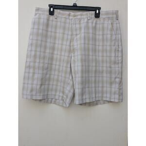 PGA Tour Men's Flat Front Golf Shorts White & Beige Plaid Size 38 EUC